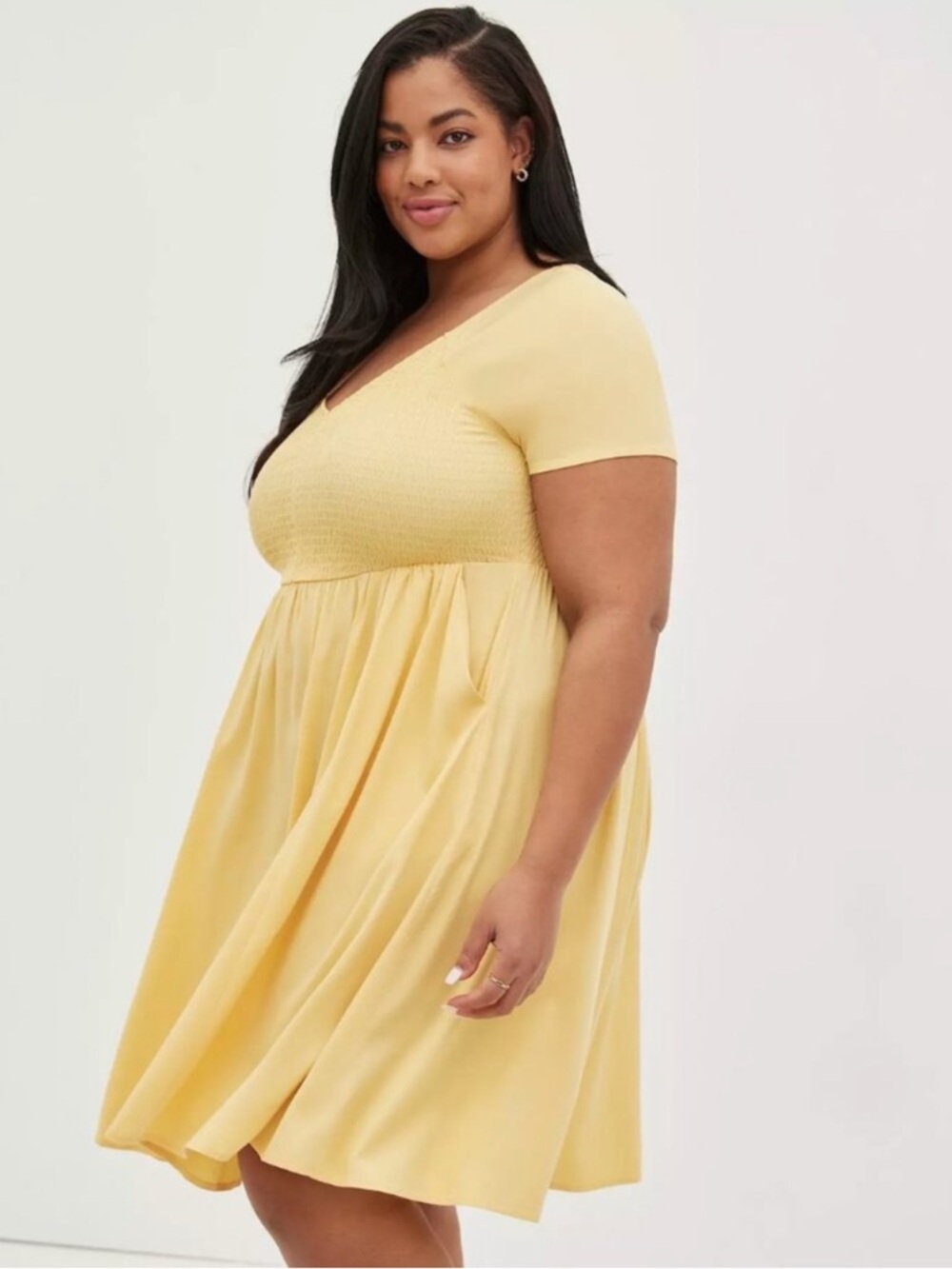TORRID Mini Challis Smocked Babydoll Yellow Dress with Pockets
